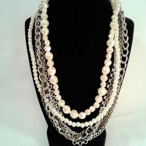 Pearl and Silver Chain Statement Piece Necklace